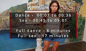 Fit latina babe dances seductively then gets fucked hard on the bed by muscular guy. She blows him first.