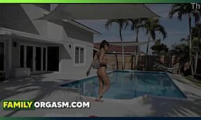 Stalker uncle approaches sunbathing stepniece at poolside