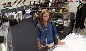 Innocent cute babe in pawnshop office gets throatfucked and doggystyle POV blowjob