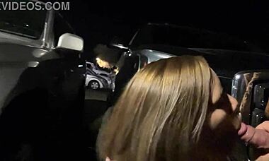 Wife risks sucking monster cock in bar parking lot. Then walks with cum facial