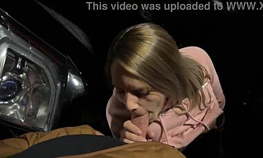 Wife risks sucking monster cock in bar parking lot. Then walks with cum facial