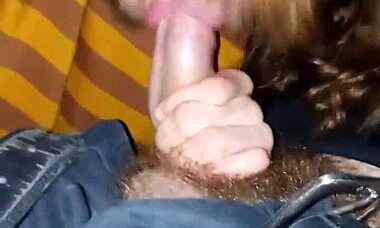 Cute skinny amateur guy sucking his bisexual buddy's cock in the car after work