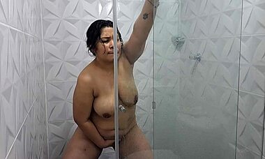 i'm this horny milf touchin' my pussy in the shower with sexy tits