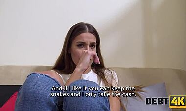 Debt4k skinny babe got no choice but to get dirty with agent for cash.