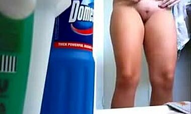 Damn, check this fat amateur flashing her shaved pussy in bathroom!