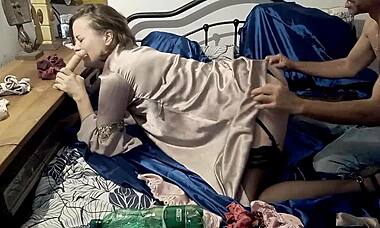 French Slut in Red Satin Dress Gets Doggystyle and Ass Licking