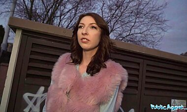 public agent chanel kiss, lollipop sucker, gets pounded from behind after epic blowjob in outdoor toilet