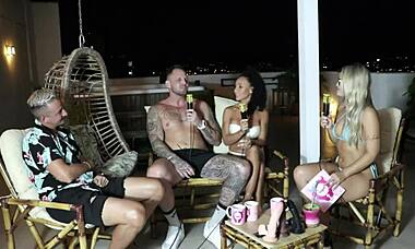 Blonde receives massage leading to encounter in sheer red lingerie