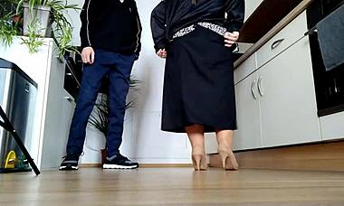 Hey, stepmother-in-law, how’s that wet pussy taking my cock doggy style in kitchen?