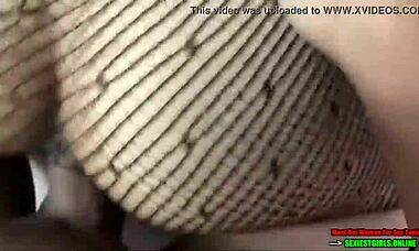 Skinny babe in fishnets gets fucked hard doggystyle close-up