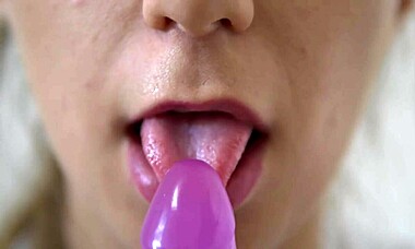 teen sucking dildo in close-up solo scene