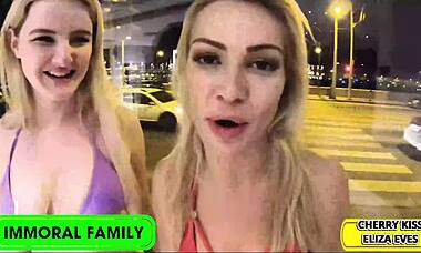 Eliza Eves teases with quickie blowjob before ripping clothes for lesbian fucking!