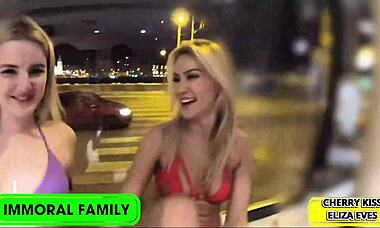 Eliza Eves teases with quickie blowjob before ripping clothes for lesbian fucking!