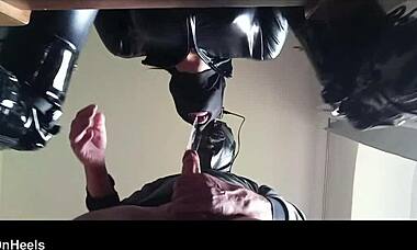Chairtied, hooded, ballgagged, ring gagged—do I have to suck until he cums?