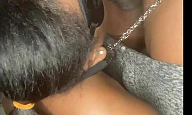 Thick ebony amateur deepthroats and gets fucked while wearing fishnets and leash