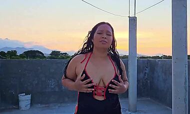 submissive latina milf dominated on rooftop, facial blowjob and golden shower