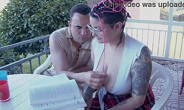 I Fuck The Tattooed Student On The Porch With My Big Cock!