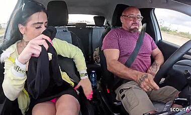 Dirty bitch pick up by old guy and give him a nyon handjob to thanks him in car while driving