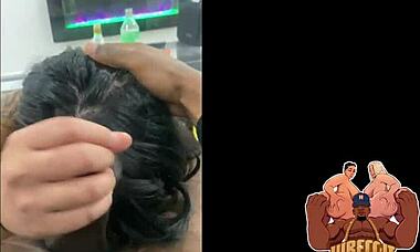 polynesian bbw slut gives bbc blowjob backstage then rides in scene