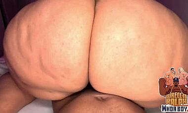 polynesian bbw slut gives bbc blowjob backstage then rides in scene