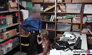 this petite teen gets busted by a bad cop and he fucks her hard at the office