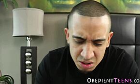 Cuffed teen's face smeared with cum after rough pounding